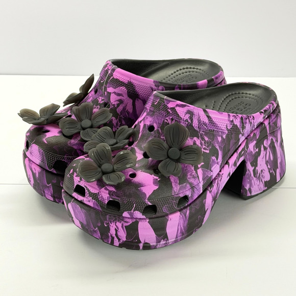 CROCS Shoes - Crocs Siren Hyper Floral Clog Purple Black Women Size 9 High Heel 4" Mules Retro